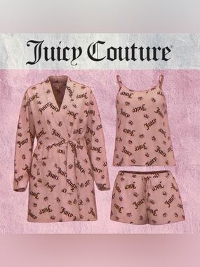 Juicy Couture Pink 3-Pc All-Over Logo Print Pajama Set - Robe / Cami / Shorts